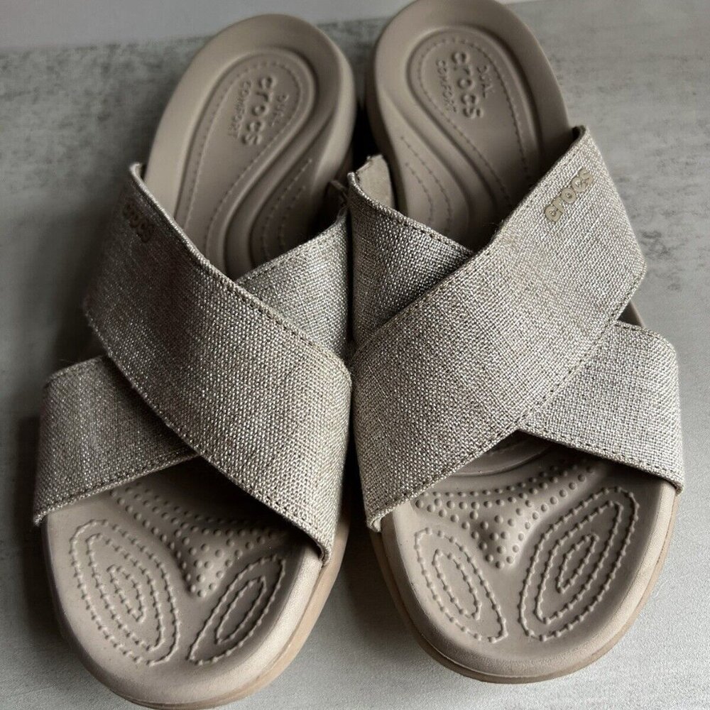 CROCS Women's Metallic Taupe Cross-Band Sandals